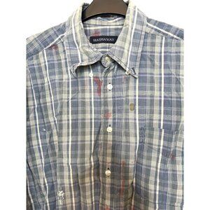 Halloween Costume Men’s Zombie Shirt Blue White Plaid L Vtg ‘“Blood” Long Sleeve